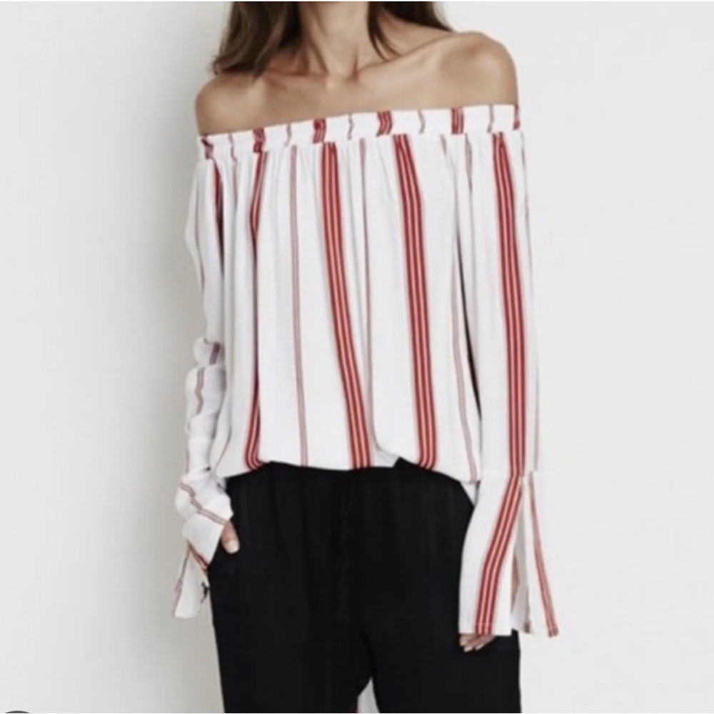 Faithfull The Brand Size 4 Striped Linen Top Boat Neck Tunic Blouse White Red